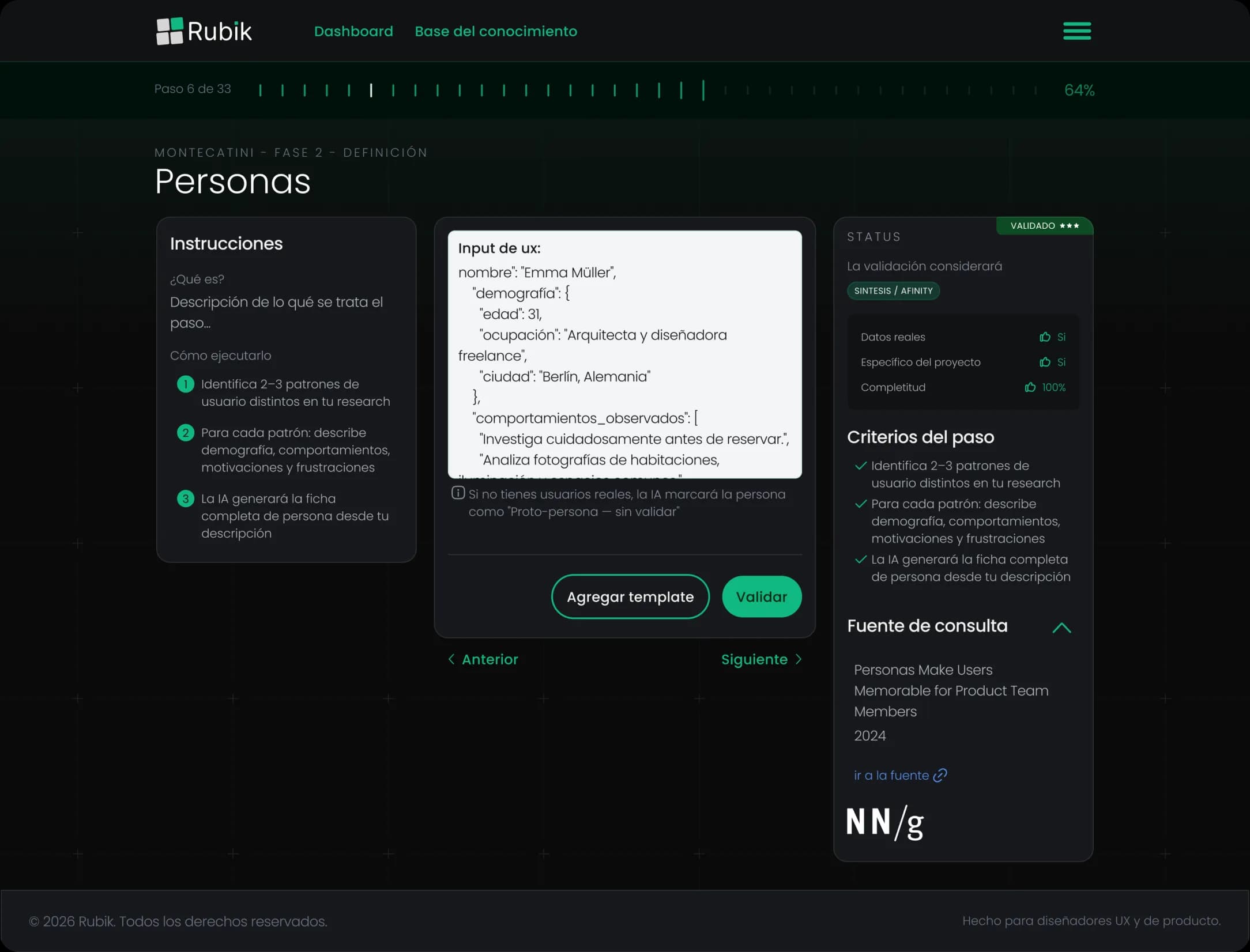 Rubik: paso Desk research con instrucciones, entregable y resultado de la validación