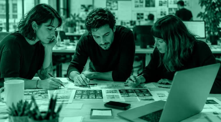 Equipo de agencia revisando entregables sobre una mesa