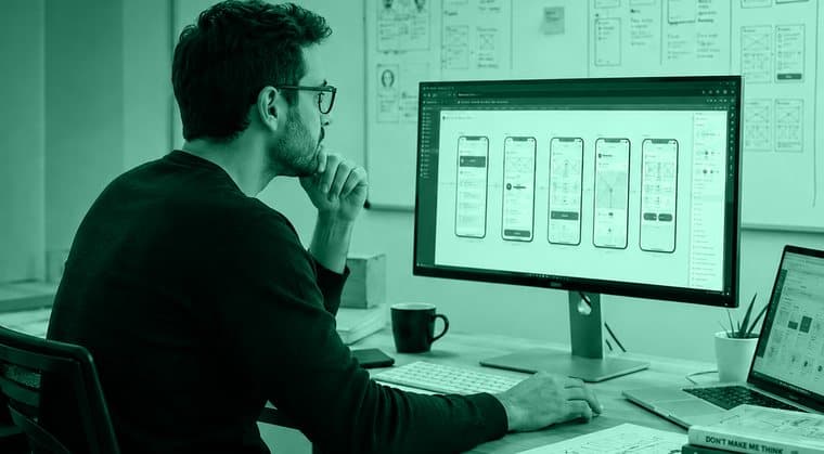 Diseñador UX trabajando sobre wireframes en pantalla